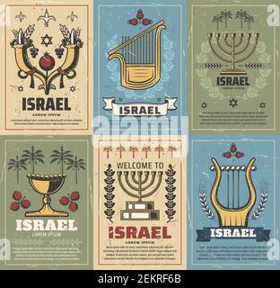 Israël conception vectorielle de la religion judaïsme et des symboles de la culture juive. Menorah, Etoile de David et le lion de Jérusalem de Juda, datez le palmier, grenade et co Illustration de Vecteur