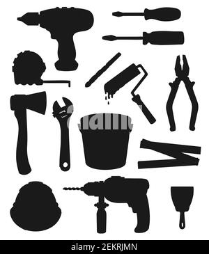 Instruments de travail, de réparation et de rénovation de maisons silhouettes vectorielles. Perceuse de construction, couteau à hache et à mastic, marteau à menuiserie, règle, vis Illustration de Vecteur