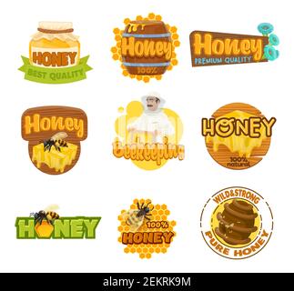 Le miel et la ferme apicole sont des icônes isolées. Vecteur apiariste et bocal à la nourriture douce, nid d'abeille à la goutte, abeille et ruche. Un gardien de faisceau en costume de protection, Illustration de Vecteur