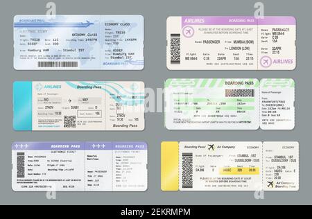 Modèles de vecteur de billet de carte d'embarquement de compagnie aérienne, conception de voyage par avion. Cartes de vol avec symboles d'avion volant, informations sur les passagers et carte du monde Illustration de Vecteur