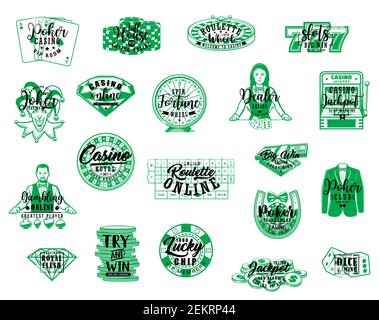 Icônes de lettrage de jeux de casino et de poker. Symboles vectoriels de croupier avec roulette roue de fortune, jetons de jeu de casino et dés, Joker de poker Illustration de Vecteur