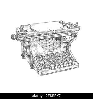 Croquis de machine à écrire d'époque. Machine à écrire mécanique vectorielle de bureau avec feuille de papier et ancien clavier. Design rétro de l'auteur, journali Illustration de Vecteur