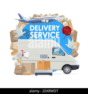 Conception de vecteur de service de livraison de courrier. Camion de livraison de services postaux avec poste, colis et lettres, colis, enveloppes et timbres-poste, boîte aux lettres, Illustration de Vecteur