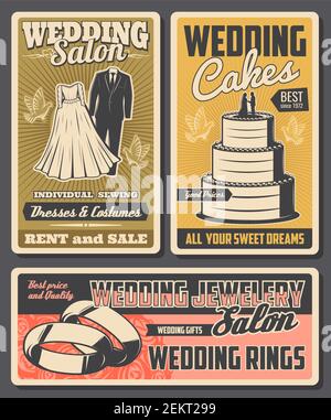 Salon de mariage conception vectorielle avec cérémonie de mariage mariée robe et costume de marié, anneaux d'engagement et gâteau de mariage avec bouquet de mariée de fleurs roses a Illustration de Vecteur