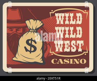 Wild West casino et cow-boy de légende américaine avec revolver, vecteur. Jeu de casino, sac avec signe de dollar plein d'argent, bandit dans le neckerchien et Illustration de Vecteur