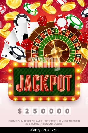 Casino wheel of fortune, golden coins and poker cards. Vector casino gamble roulette, light bulb signage and poker cards, neon sign, golden coins and Illustration de Vecteur