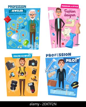 Pilote ou agent de bord et bijoutier, photographe et designer de mode, professions sur mesure. Vector occupation dans les voyages et l'aviation civile, j Illustration de Vecteur