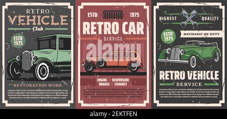 Club de véhicules rétro, vieilles voitures d'époque et restauration de moteurs de rareté, réglage des affiches de service. Centre de voiture Vector et garage mécanique, moteur et Illustration de Vecteur