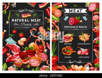 Saucisses et viande, couverts de cuisine et légumes verts. Produits de poulet vectoriels, côtes et beefsteak, boucherie. Prosciutto et dinde fumée, porc et agneau Illustration de Vecteur