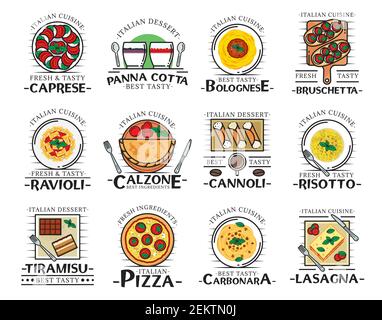 La cuisine italienne est une icône de restaurant, café et pizzeria au design vectoriel. Pizza, pâtes et spaghetti, mozzarella de tomate et salade de basilic avec brusch Illustration de Vecteur