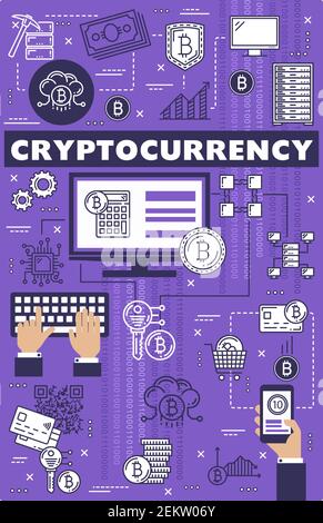 Crypto-monnaie Bitcoin, blockchain, extraction de l'argent numérique et technologie de paiement. Réseau de chaînes de blocs d'ordinateur à ligne fine de crypto-monnaie vectoriel, en ligne Illustration de Vecteur