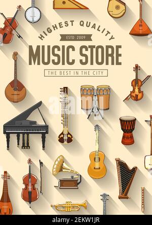 Magasin d'instruments de musique affiche, musique pop professionnelle et jazz. Instruments de musique folk vectoriel, classique et orchestre, piano et harpe Illustration de Vecteur