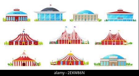 Tente de cirque, bâtiment et icônes de marqueterie de carnaval. Vector et grands hauts avec drapeaux, bandes blanches rouges et ballons. Chapiteau, parc d'attractions et foire Illustration de Vecteur