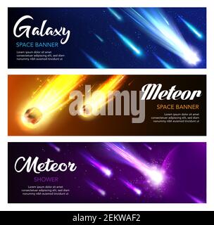 Douche Meteor et bannières vectorielles galaxies de comètes et astéroïdes tombant, design d'espace. Ciel nocturne avec étoiles de tir, planète et boules de feu de météorite Illustration de Vecteur