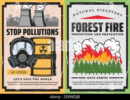 Save the World vector concept of stop pollutions and Forest Fire Prevention rétro posters. Brûlage d'arbres avec des flammes et des fumées, masque à gaz, déchets toxiques Illustration de Vecteur
