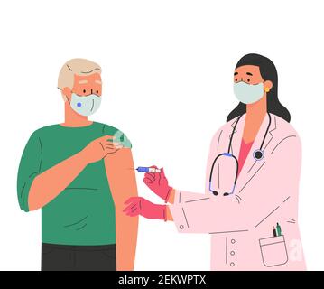Une femme médecin fait un vaccin à un patient mâle. Illustration de Vecteur