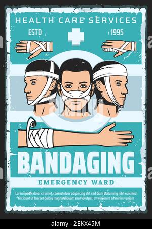 Première aide bandage affiche ancienne de la conception de soins médicaux et de soins de santé. Patients avec bras, main et nez blessés, tête, doigt et poignet, gaze dres Illustration de Vecteur