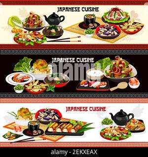 Cuisine japonaise bannières vectorielles de plats de fruits de mer asiatiques avec nouilles, riz, légumes et poisson. Petits pains à sushi au saumon, crevettes et temaki au thon, champignons Illustration de Vecteur