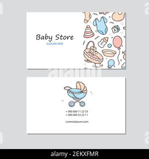 Carte de visite tirée à la main avec des choses pour bébé, jouet, hochet, lait bootle, vêtements. Style d'esquisse Doodle. Illustration pour magasin de bébé, modèle de conception de carte de visite de magasin pour enfants. Illustration de Vecteur