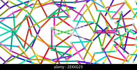 illustration du concept de connexion et de communication. Lignes abstraites multicolores avec broches, connectées les unes aux autres. Lignes colorées en blanc. Banque D'Images