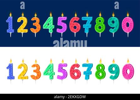 Bougies pour enfants anniversaire gâteau de vacances ensemble vectoriel de dessin animé. Fête d'anniversaire d'enfant nombre de bougies avec des motifs colorés et feu, anniversaire Illustration de Vecteur
