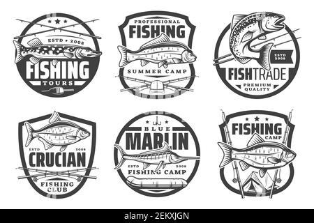 Club de pêche, camp d'été des pêcheurs et grands sites de pêche. Badges de tournois de pêche vectoriels, matériel de pêche, kitles, cannes et leurres pour la mer Illustration de Vecteur