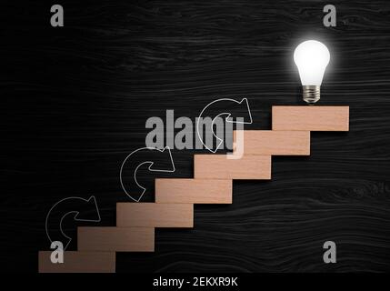 étape par étape vers le haut, ampoule lumineuse et escalier ascendant concept. manière de succès processus fait par escalier en bois bloc, objectifs d'affaires, personnel Banque D'Images