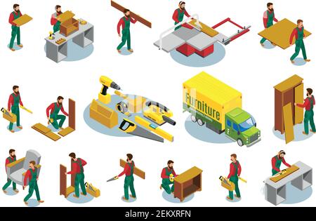Ensemble d'icônes isométriques fabricants de meubles avec des outils professionnels pendant illustration vectorielle isolée de production et d'assemblage Illustration de Vecteur