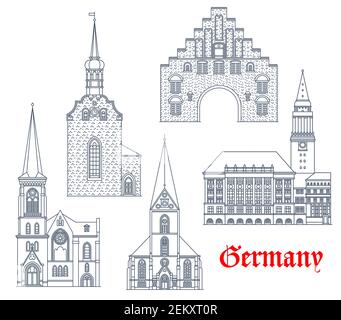 Allemagne monuments, architecture bâtiments icônes vecteur, les villes allemandes Schleswig Holstein cathédrales. Église Saint-Nikolai, Heiliggeistkirche et Marienki Illustration de Vecteur