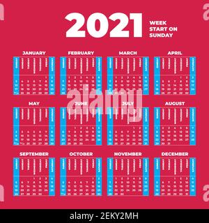2021 modèle de calendrier avec les semaines commençant le dimanche Illustration de Vecteur
