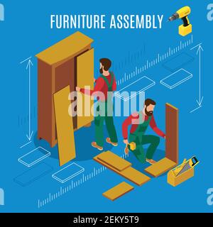 Ouvriers de fabrication avec des outils professionnels pendant l'assemblage de meubles sur illustration du vecteur isométrique sur fond bleu Illustration de Vecteur