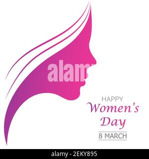 Silhouette d'une femme et brins de cheveux colorés avec dégradé rose et violet couleur et texte happy women day 8 mars isolé sur fond blanc Illustration de Vecteur