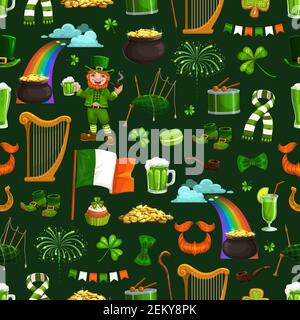 Saint Patrick, motif sans couture, fêtes religieuses et symboles nationaux. Vector arc-en-ciel et harpe, lepretchaun avec bière et pipe, cornemuse et pot o Illustration de Vecteur