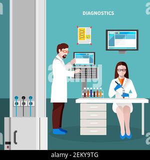 Scientifiques personnes multicouleurs concept avec l'homme et la femme à la illustration du vecteur de titre de l'espace de travail en laboratoire et du diagnostic Illustration de Vecteur