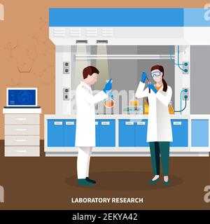 Scientifiques personnes de la composition multicolore avec titre de recherche de laboratoire et deux illustrations vectorielles pour les chercheurs au travail Illustration de Vecteur