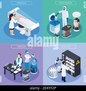 Cryonics cryogénie transplantation isométrique 2x2 concept avec équipement de laboratoire éléments et caractères humains des scientifiques vecteur illustrateur Illustration de Vecteur