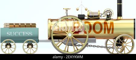Boom et succès - symbolisé par une voiture à vapeur rétro Avec le mot Boom tirant un succès wagon chargé d'or Barres pour montrer que Boom est essentiel pour les professionnels Banque D'Images