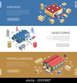 Bannières horizontales d'entrepôt avec stockage de liquides et bâtiment de magasin de matériaux illustration vectorielle d'images isométriques Illustration de Vecteur