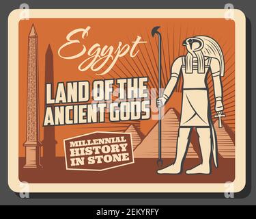 Musée d'histoire de l'Égypte antique et monuments de voyage affiche rétro vintage. Excursions de la culture Vector Egypt, la divinité de Dieu Horus, Gizeh et le pharaon du Caire Illustration de Vecteur