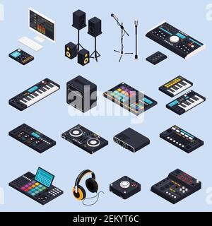 Équipement studio d'enregistrement de musique icônes isométriques avec images isolées illustration vectorielle de périphériques audio professionnels haut-parleurs clavier Illustration de Vecteur