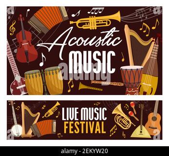 Spectacle de musique en direct poster, musique classique, jazz et musique folk instruments de musique. Guitare acoustique vectorielle, notes et orchestre harpe, maracas folkloriques et Illustration de Vecteur