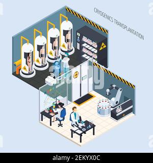 Cryonics cryogénie transplantation composition isométrique avec vue de deux cryogénie salles de laboratoire avec illustrations vectorielles de personnes et d'équipements Illustration de Vecteur