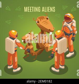 Rencontre des étrangers pendant l'exploration spatiale composition isométrique sur fond vert avec des astronautes dans l'environnement costumes illustration vectorielle Illustration de Vecteur