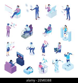 Personnages humains avec technologie de réalité virtuelle pendant le processus d'affaires, le chat, l'activité sportive, les jeux, l'apprentissage de vecteur isolé illustration Illustration de Vecteur