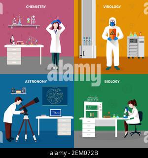 Quatre scientifiques personnes concept ensemble avec chimie virologie astronomie et biologie descriptions illustration vectorielle Illustration de Vecteur