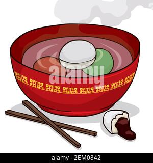 Bol rouge avec motif chinois, baguettes, vapeur, eau chaude et desserts colorés de tangyuan avec l'un d'eux mordu. Illustration de Vecteur