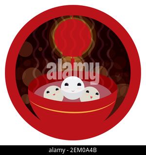 Bouton rond avec trois délicieux desserts tangyuan dans un bol rouge et steamy avec lanterne chinoise de style plat. Illustration de Vecteur