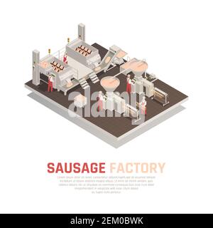 Fabrication de saucisse composition isométrique avec travailleurs et équipement industriel pour illustration du vecteur de pétrissage de la viande et de moulage du produit Illustration de Vecteur
