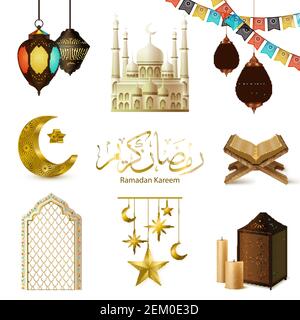 Ramadan kareem symboles objets rituels croissant Saint coran livre bougies mosquée réaliste icônes collection illustration vectorielle isolée Illustration de Vecteur