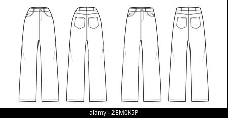 Ensemble de pantalons en Jean Baggy illustration technique de la mode avec taille basse normale, taille haute, 5 poches, rivets, passants de ceinture. Sans pinces, dos, blanc, style coloré. Femmes, hommes, maquette de CAD unisex Illustration de Vecteur